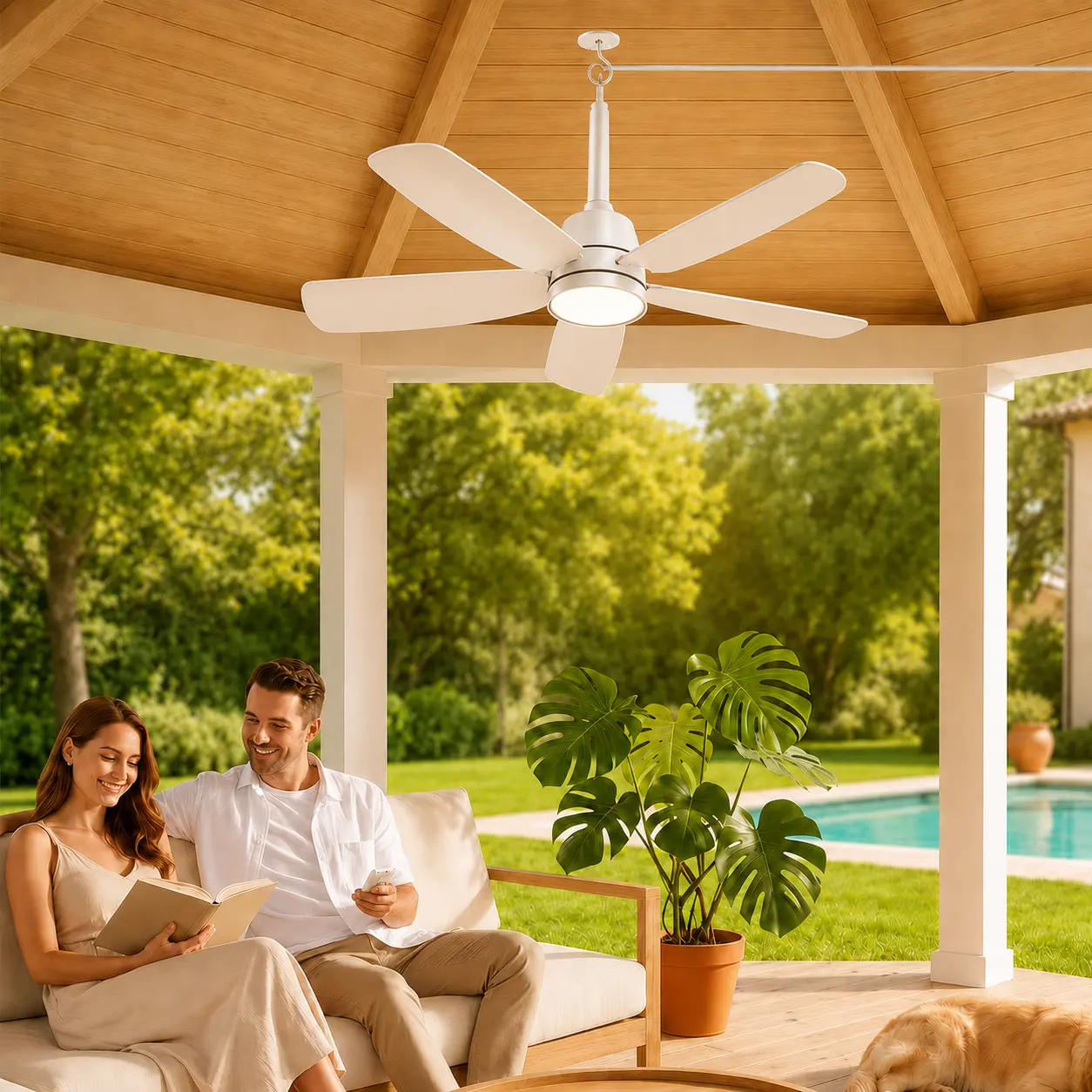 28 Inch Outdoor Ceiling Fan with Light, 5-Blade Gazebo Fan with Remote, Waterproof Patio Ceiling adjustable Fan for Pergola Porch Deck