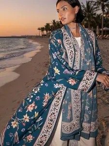 Elegant Floral Print Abaya Open Front Cardigan Long Robe Set, Party Festival Beach Wear with Headscarf, Two-Piece Fashionable Loungewear, Abaya Dress Set
