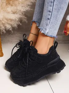 Women's Thick Sole Platform Sneakers, Fashion Walking Sneakers, Trendy Fashion Sneaker, Rhinestone High-Transparency Mesh, Unique Design, Hand-Made Rhinestones, Fashionable Luxury Casual Shoes