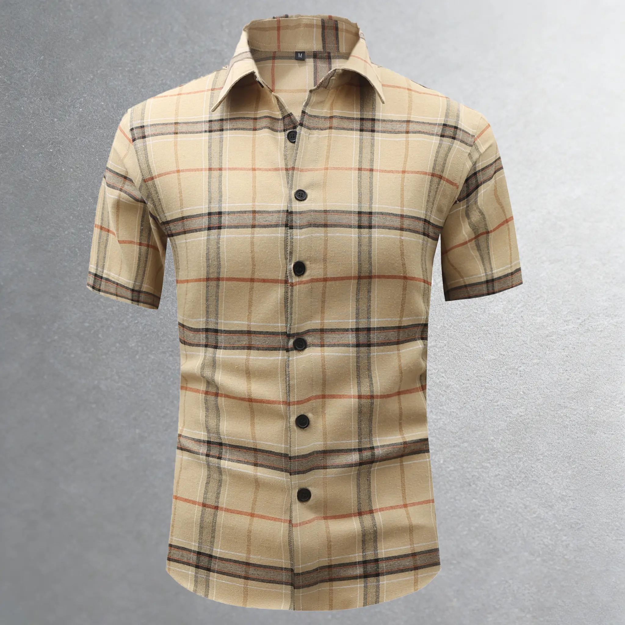 Men's plaid patchwork shirt, slim fit, short sleeves, button closure, color-block casual wear Men's plaid patchwork shirt, slim fit, short sleeves, button closure, color-block casual wear