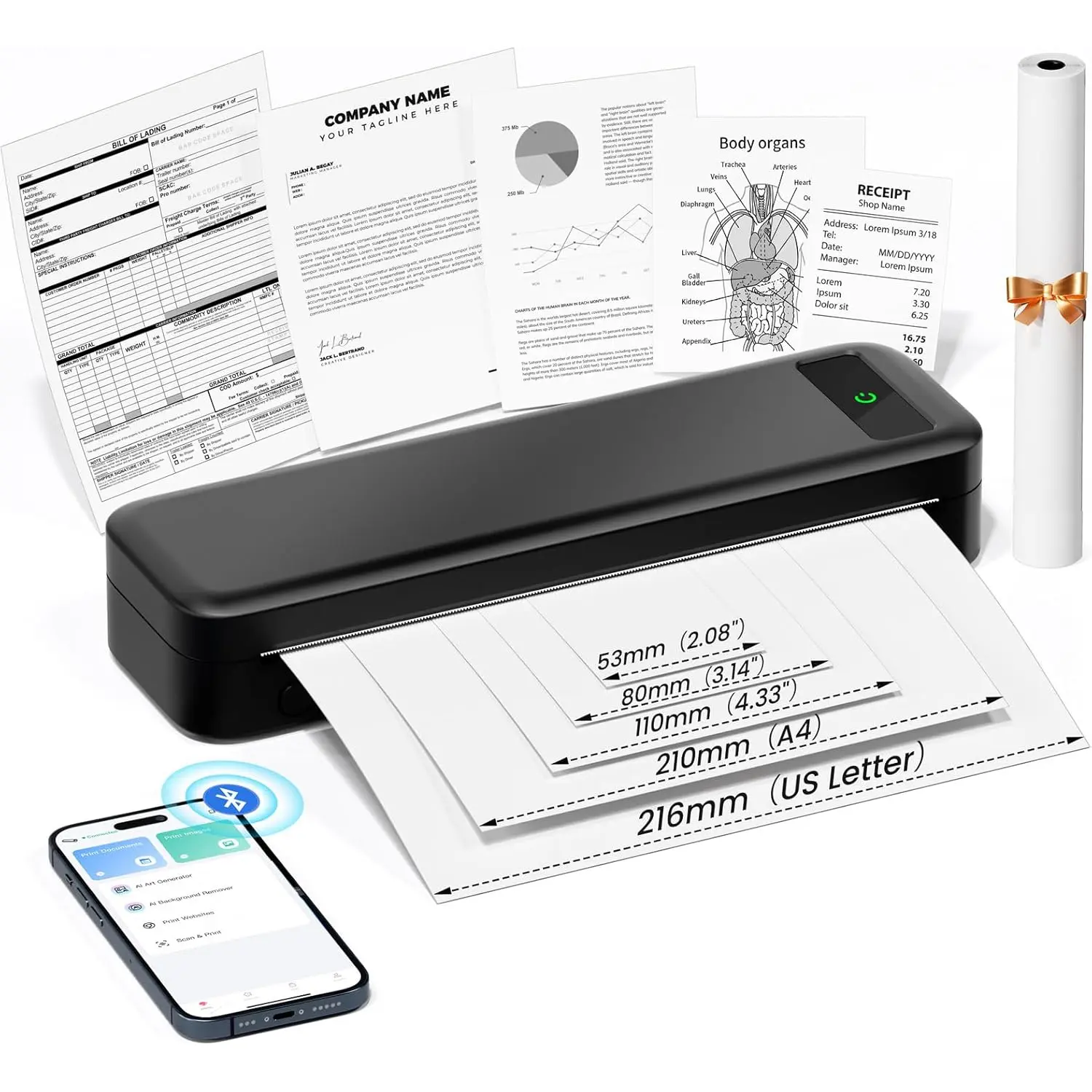 Portable Printers Wireless for Travel, A285M Small Inkless Thermal Printer