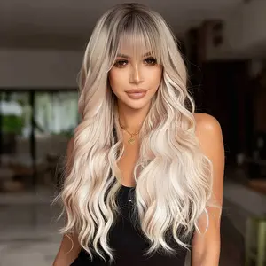 1pc Blonde Wigs Designed for Women, Featuring Long Wavy Hair with Bangs, Made from Synthetic Fibers That Mimic a Appearance. This Soft And Versatile Hair Accessory Is Heat Resistant, Suitable for Halloween, Christmas, Cosplay, And Everyday Parties