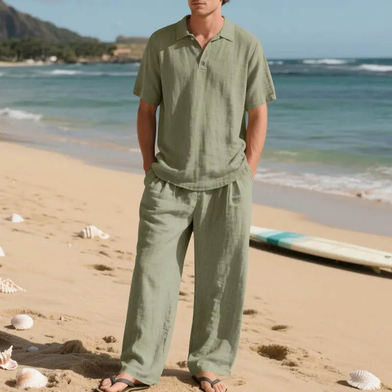 Men’s Linen Beach Two Piece Set, Casual Short Sleeve Button Down Shirt and Loose Long Pants Set, Lightweight Breathable Summer Outfit, Relaxed Fit Drawstring Loungewear for Vacation Travel Resort Daily Wear Comfortable Stylish