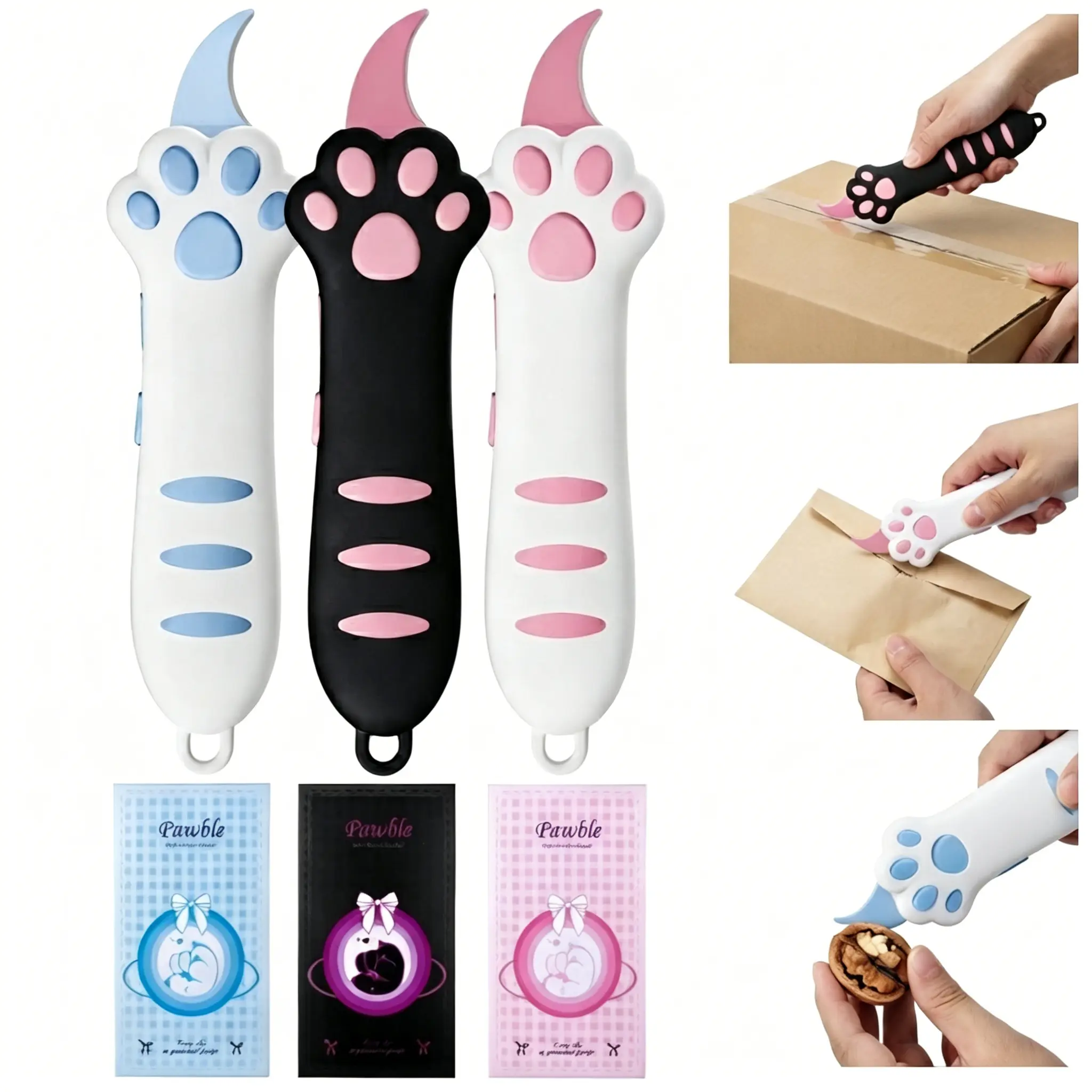 Cute Cat Paw Package Opener, Mini Retractable Parcel Opening Tool for Boxes & Envelopes, Portable Office Supply, Gift for Cat Lovers (Pink/Blue/Black, Multiple Color Options)