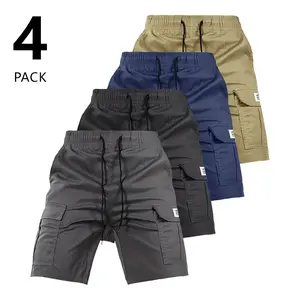 4-pack men’s casual solid-color American-style cargo shorts, drawstring cargo shorts with side pockets, suitable for summer outdoor leisure and work