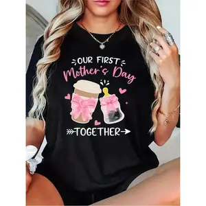 Our First Mother's Day Together Coffee Baby Bottle Graphic T-Shirt, Cute New Mom First Mother's Day Gift Tee for Women, Casual Short Sleeve Black Top, New Mom Life Apparel for First Mother's Day Celebration