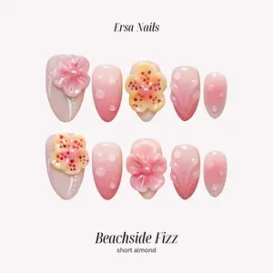 ErsaNails BEACHSIDE FIZZ - Short Almond 10 PCS Handmade Press On Nails | 3D Flowers,  Mermaid & Ombré