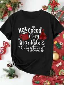 100% Cotton Women T-shirt Women Christmas T-shirt Merry Christmas Hot Cocoa Cozy Blankets & Christmas Movies T-Shirt Print Round Neck Short Sleeve T-Shirt For Women Casual, Summer, Women Top