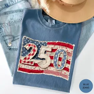 [PRINTED] Comfort Colors Faux Patchwork Usa Flag Shirt, 250th Birthday Tee, Anniversary America, Not REAL Patchwork, Printed Shirt Gift For Women - Hnh Design Apperal