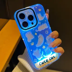 Sound-Control Glowing Blue Cat Hollow Cartoon Phone Case, Unique Call Light Protective Cover for iPhone X/XR/XS Max/11/12/13/14/15/16/17 Pro/plus/pro Max