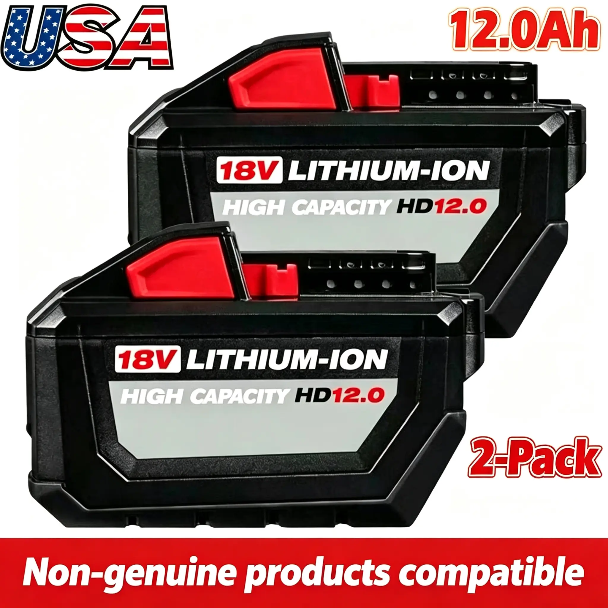 2PCS 12.0Ah Replacement  for Milwaukee 18V M18 Lithium-Ion Battery, Compatible with 48-11-1850/1860/1880, High Capacity Extended Runtime Battery Pack with LED Indicator & Protection System, 2-Pack