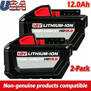 2PCS 12.0Ah Replacement  for Milwaukee 18V M18 Lithium-Ion Battery, Compatible with 48-11-1850/1860/1880, High Capacity Extended Runtime Battery Pack with LED Indicator & Protection System, 2-Pack
