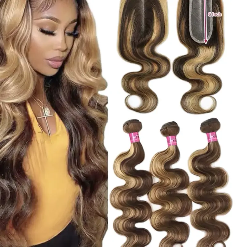 New Arrival 2x6 Highlight Lace Closure With Bundles Honey Blonde Body Wave Bundles With Closure 4x4 inch Ombre Colored Human Hair Bundles With Closure