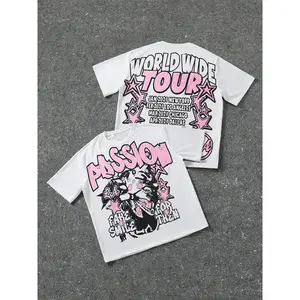 FEEGO Front: Bold ‘Passion’ Print + Retro Cartoon Art; Back: Tour Schedule & Pink Star Accents. Oversized Fit For Urban Casual Vibes 100% Cotton