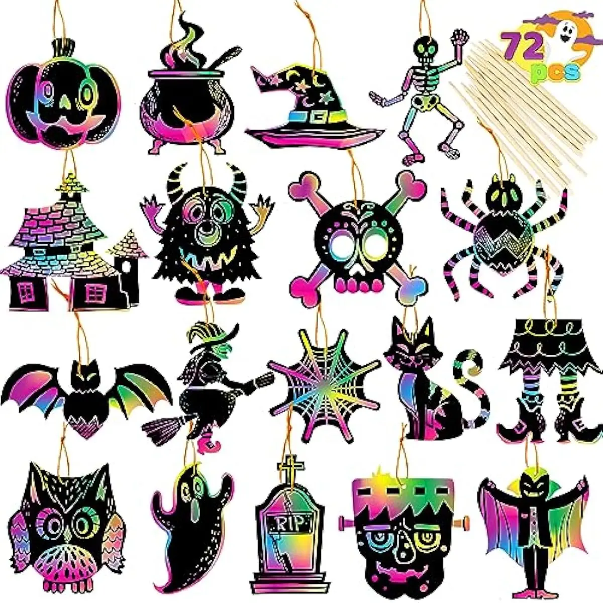 72 Pcs Halloween Rainbow Scratch Art Crafts for Kid, Halloween Party Favors, Scratch Off Paper with 18 Designs for Party Supplies, Classroom Activities Game Goodies Gifts