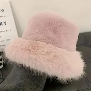 Thickened Cold Snow Weather Panama Hat Big Fluffy Faux Fur Hat For Women, Warm Winter Bucket Hat, Luxurious Plush Fisherman Hat