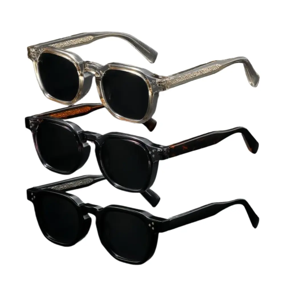 Unisex 3-Pack Retro Square Stylish Glasses Set - Engraved Tortoise Acetate Frames, UV400 Black Lenses, Plus Fun Mini LED Finger Light Gift for Summer Streetwear, Outdoor Sports & Leisure