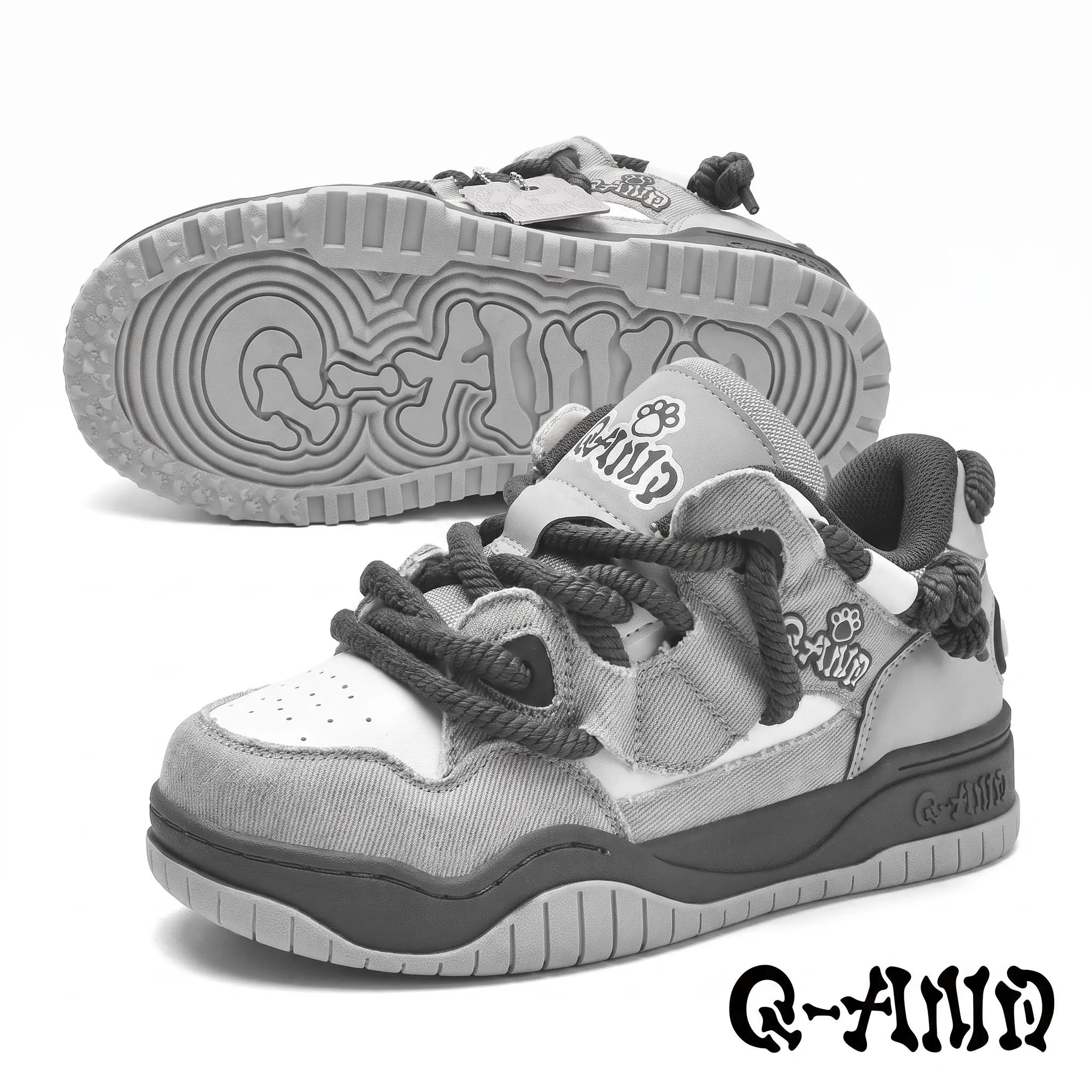 Q-AND Street Style Platform Sneakers For Men Women Gray Black Contrast Color Thick Rope Laces Casual Walking Skateboard Shoes