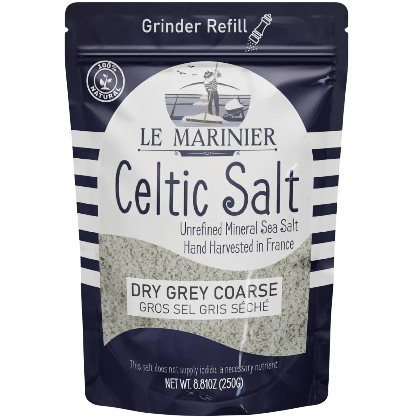 Le Marinier Celtic Salt Dry Grey 0.6lb Mineral-Rich Unrefined Sea Salt 100% Natural Hand Harvested Light Grey Electrolyte Low Sodium