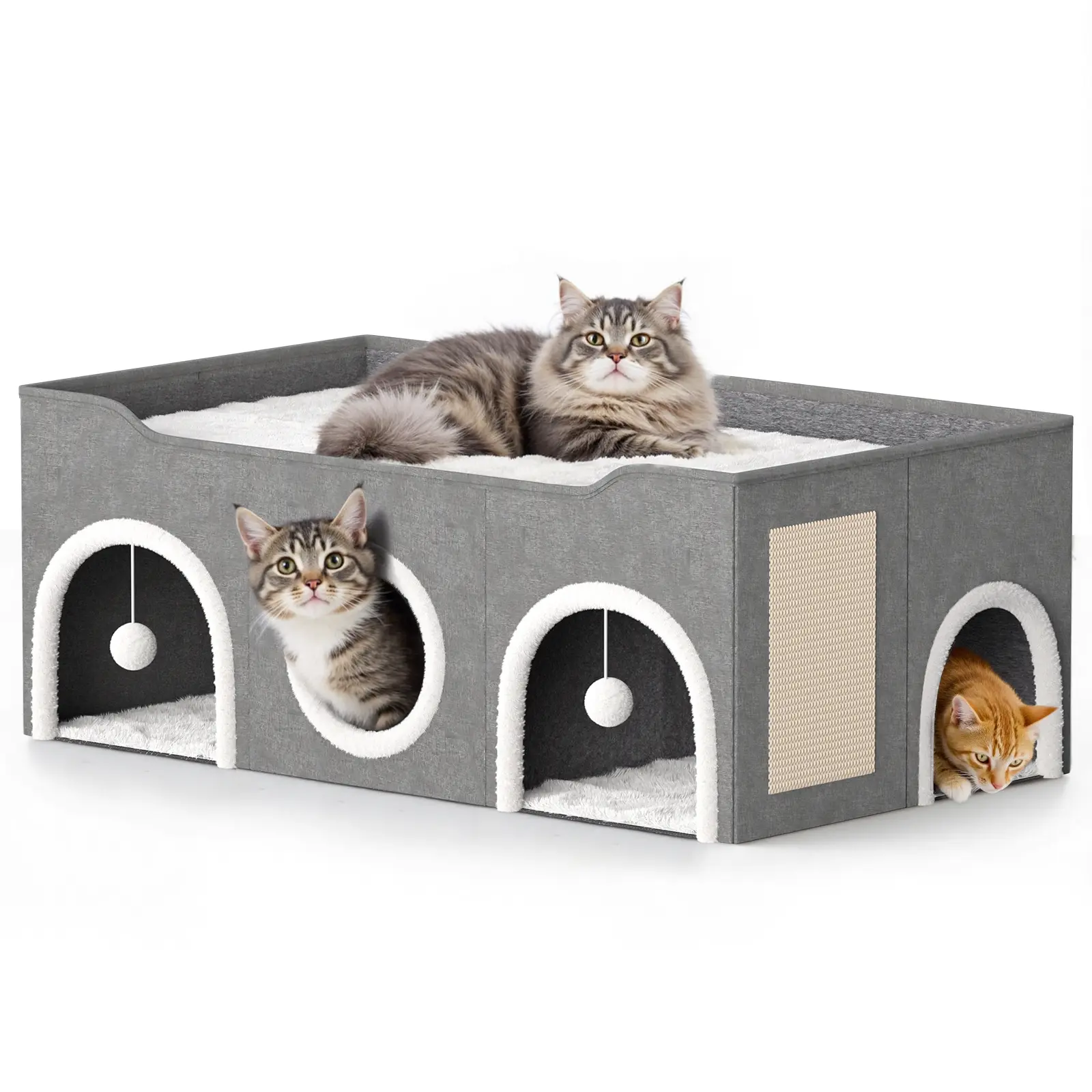 TSYPAIRS Extra Wide Cat Bed for Indoor Cats, 3 Separate Rooms Cat Condo for Multi Cats, Foldable Cat House with Scratching Board