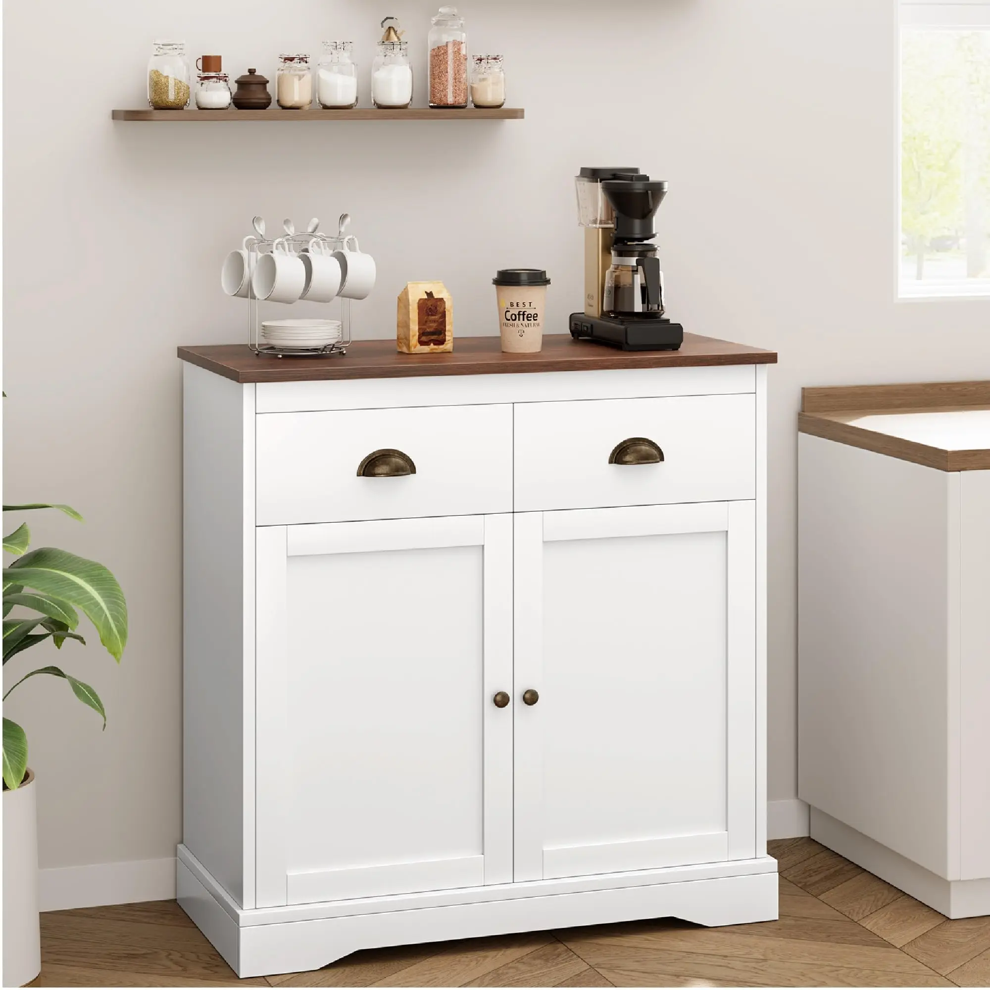 【Christmas Deal】GARVEE Coffee Bar Cabinet, Modern Farmhouse Buffet Cabinet with 2 Drawers and Adjustable Shelf, Double Door Kitchen Cabinet, White