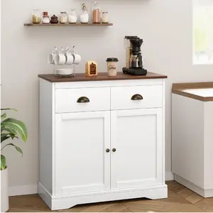 【Christmas Deal】GARVEE Coffee Bar Cabinet, Modern Farmhouse Buffet Cabinet with 2 Drawers and Adjustable Shelf, Double Door Kitchen Cabinet, White