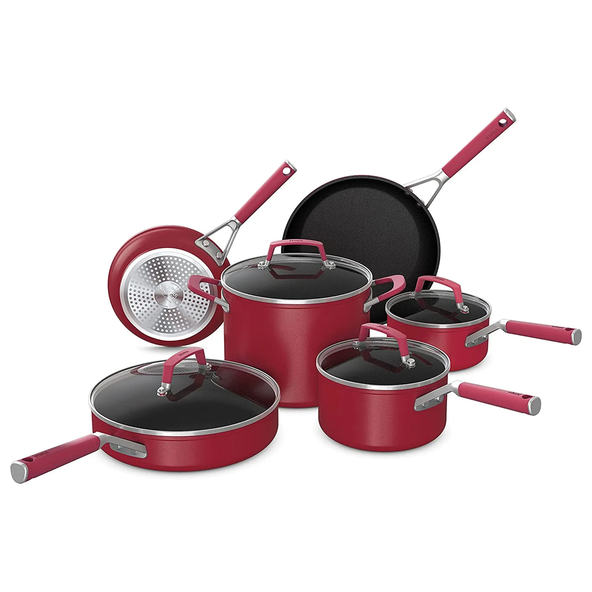 NINJA Foodi Nonstick Aluminium Cookware Set - Red, Silicone Handles, Oven-Safe, Stove-Compatible, Ideal for Bake