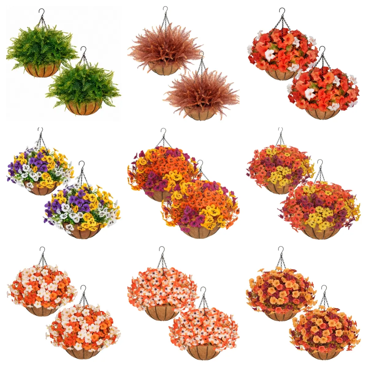 2Pcs UVResistant Artificial Hanging Flower Baskets,  Daisies/Pansies/Morning Glories/FernsArrangement, No Maintenance Fall & HalloweenDecor for Porch Patio Balcony Yard, HomeAccessory, House Decor room decorations
