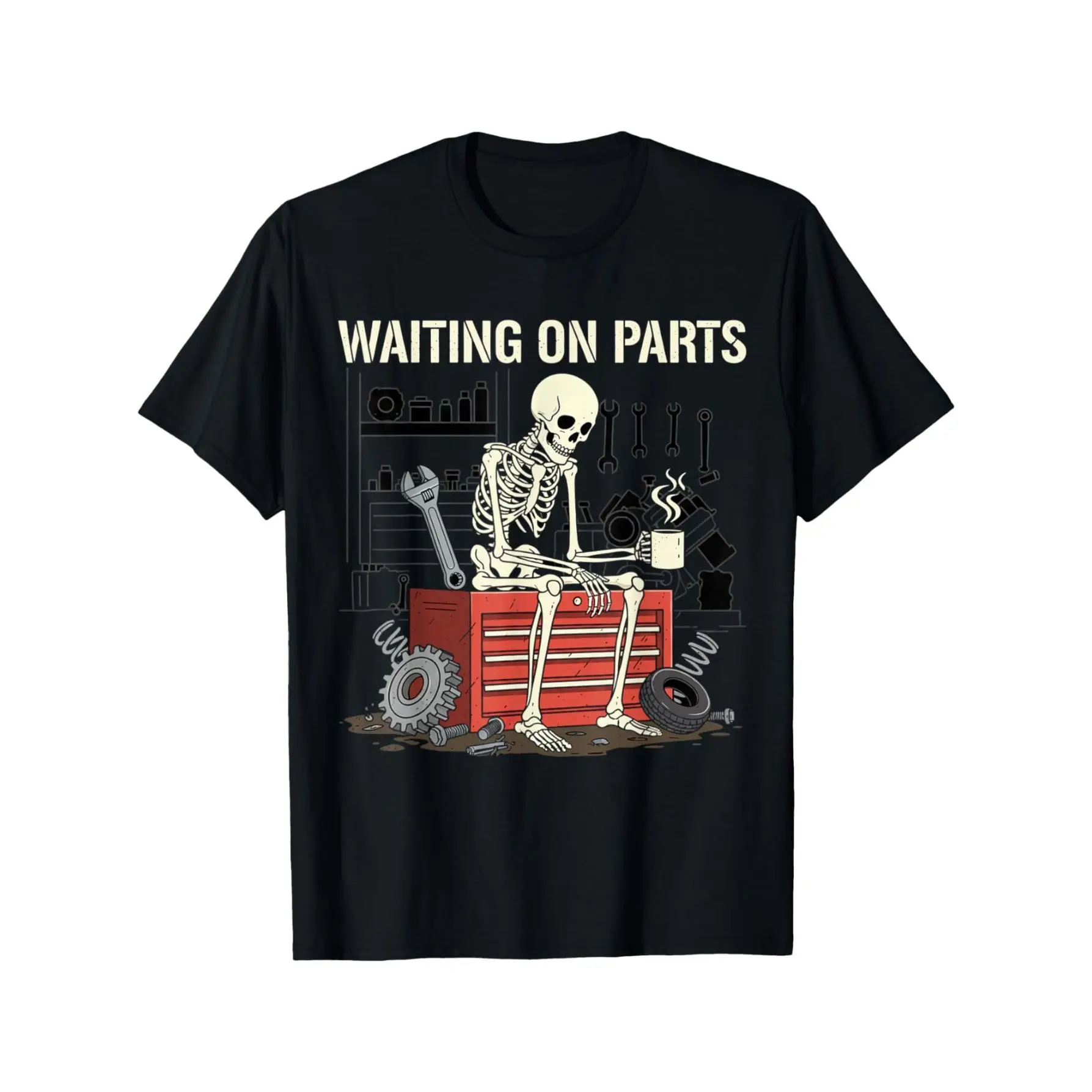 Waiting for Parts Funny Skeleton Mechanic Unisex Couple T-Shirt |   Trendy Short Sleeve Tops, Street Style, Comfortable Tees, Casual Summer Shirts, Must-Have Fashion T-Shirts