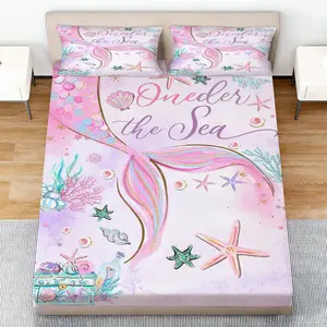 3pcs Mermaid Theme Bed Sheet Set, Colorful, Fish Tail, Starfish, Shell, Coral Design, Soft, Gift for Friends