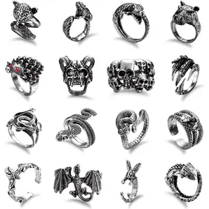 16 count Gothic Open Rings Set for Men Women Punk Adjustable Snake Dragon Claw  Rings  Goth Skull Rings Indie Aesthetic