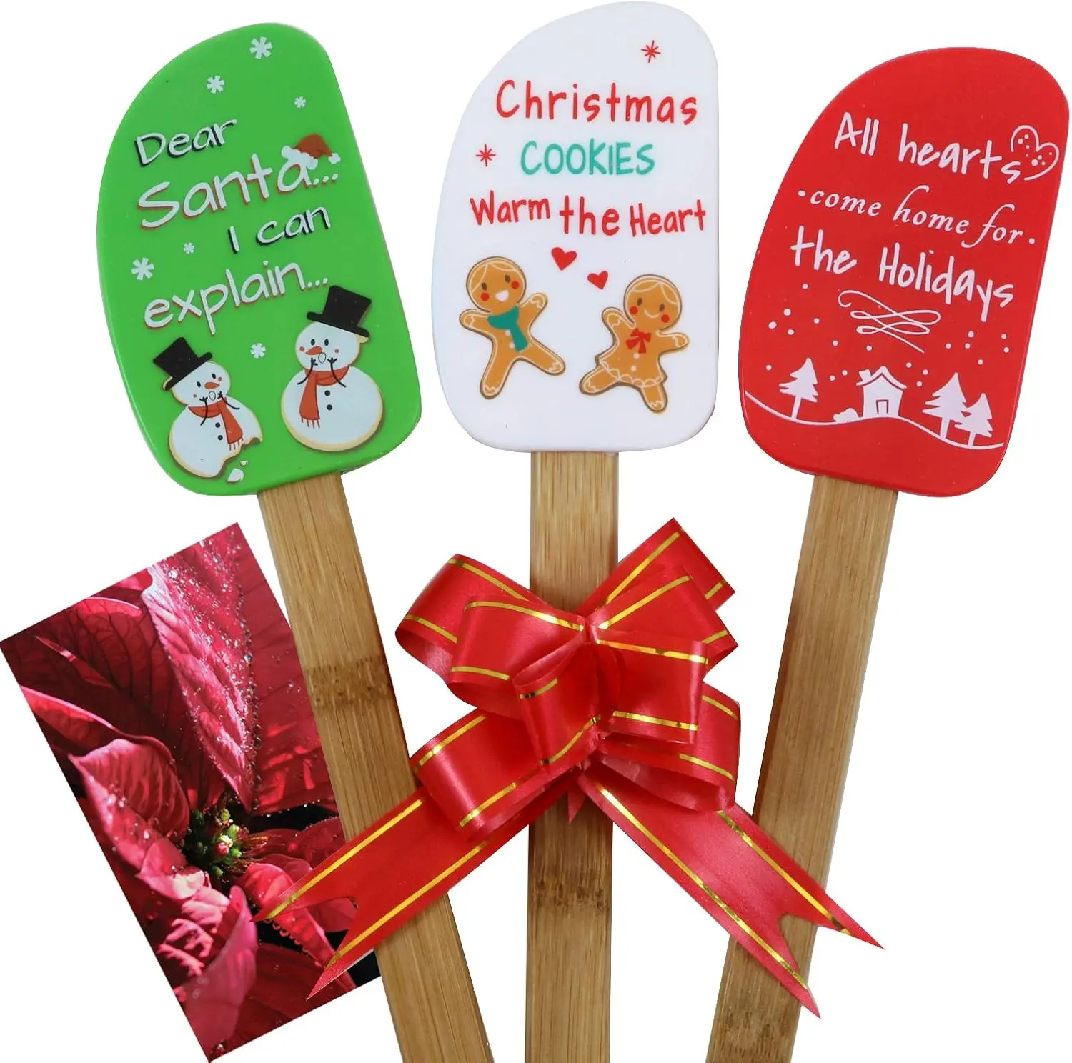 3 count Christmas  Spatula Set with lovely bow   card. Easy clean, durable, high temperature  stain resistant with  hles.