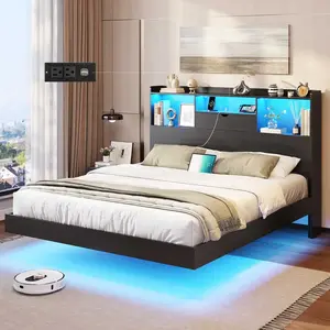 Queen Floating Bed Frame with LED Lights and Storage Headboard, Visual Floating Bed with Charing Station, Queen Size Metal Platform Bed with Stable Structure, No Box Spring Needed, Easy Assembly summervibes