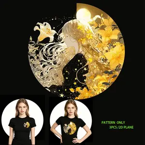 Golden Flowers & Stars DTF Heat Transfer Vinyl, DIY Clothing Iron-On Patch for T-Shirts, Jeans, Hoodies, Backpacks, Washable & Fashionable Design, Decorative Apparel Accessory, Pattern Only