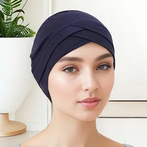 Plaid's Women's Navy Blue Forehead Cross Turban Hat - Lightweight, Stretchy Polyester Turban with Inner Layer Turban Hat - Perfect for Casual Wear and Chemotherapy Patients, Turban Hat