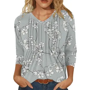 Length Sleeve Womens Tops V Neck T Shirts Casual Pleated Tunic for Women Fashion Loose Blouses