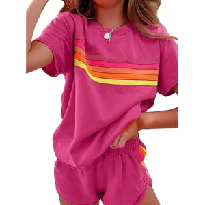 Women's 2 Piece Lounge Sets Summer Rainbow Striped Tops & Casual Shorts Suit Sweatshirt Set for Comfort