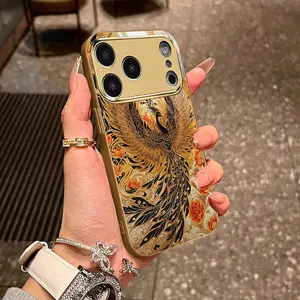 New Electroplated Glass Phone Case, Golden Flying Phoenix Pattern Phone Case, Suitable for iPhone 17/16/15/14/13/12/11 Full Coverage Anti-drop Phone Case, Anti-drop Anti-slip Phone Case