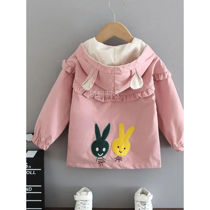 Girls' Polyester Loose Cut Wearable Hooded Trench Coat - Long Sleeve Spring & Autumn Outerwear, Cartoon Pattern, Zippered Front, Pleated Lace Trim, Wearable Hooded Girls' Trench Coats, Cartoon Pattern Girls' Trench Coats