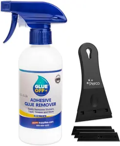 Perco Glue Off Adhesive Remover - 10 fl. oz with Scraper & Plastic Razor | Glue Remover Spray Effortlessly Erase Adhesive Hassles & Car Stickers - for Label Sticker Residue