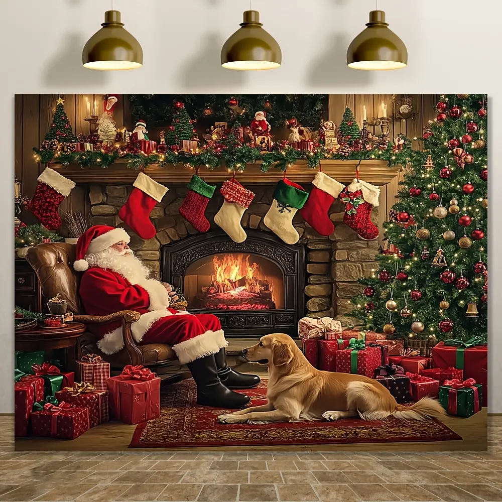 Large Polyester Santa Claus & Fireplace Christmas Party Backdrop Banner with Letters for Outdoor, Garden Celebrations