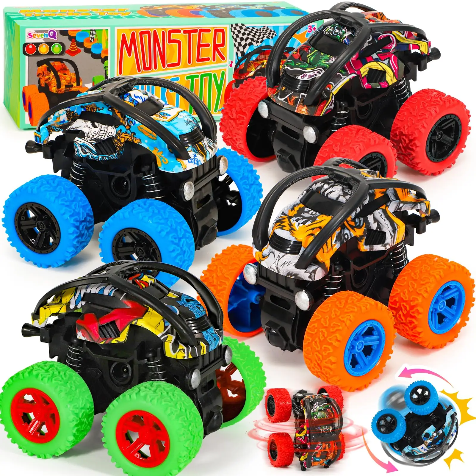 Monster Truck Toys Cars, 4 Pack Race Cars Party Favors Push and Go Flip Stunt Pull Back Cars, Classroom Prizes Christmas Goodie Bag Stuffers Birthday