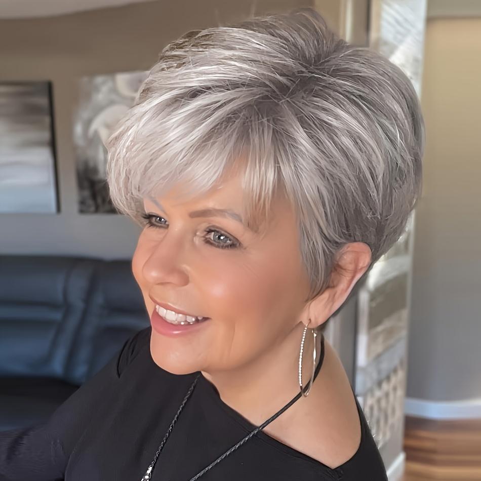 Women's Grey Glueless Pixie Cut Human Hair Wig, 180% Density Brazilian Hair, Short Straight Rose Net Cap, Natural Look Heat Stylable for Daily & Party Wear