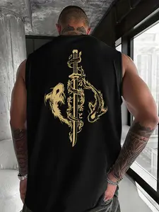 Katana & Koi Fish Graphic Muscle Tank | Japanese Samurai Cultural Casual Streetwear Tank Vest Sleeveless Top Athletic Tank Top