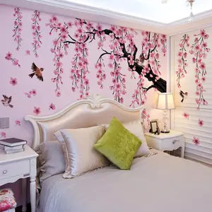 Peach Blossom Tree & Bird Pattern Wall Sticker, 4 Sheets/set Self Adhesive Wall Decal, Decorative Mood Calming Stickers for Home Living Room Bedroom, Wall Art Stickers, Vinyl Wall Stickers, Floral Pattern Sticker