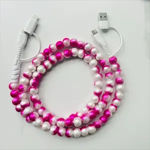 Pearl-Decorated Charging Cable - Compatible with all cellphone devices USB-C and Lightning interfaces 4-in-1 data cable, 3.3 feet in length, ideal for women for fast charging, available in multiple colors, Holiday gifts