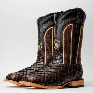 Chocolate Brown Mini Pirarucu Leather Boots - Square Toe