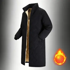 Men's Black Long Overcoat with Stand Collar, Fleece Lined Thick Warm Cotton Jacket, Winter Mid-Length Parka Coats