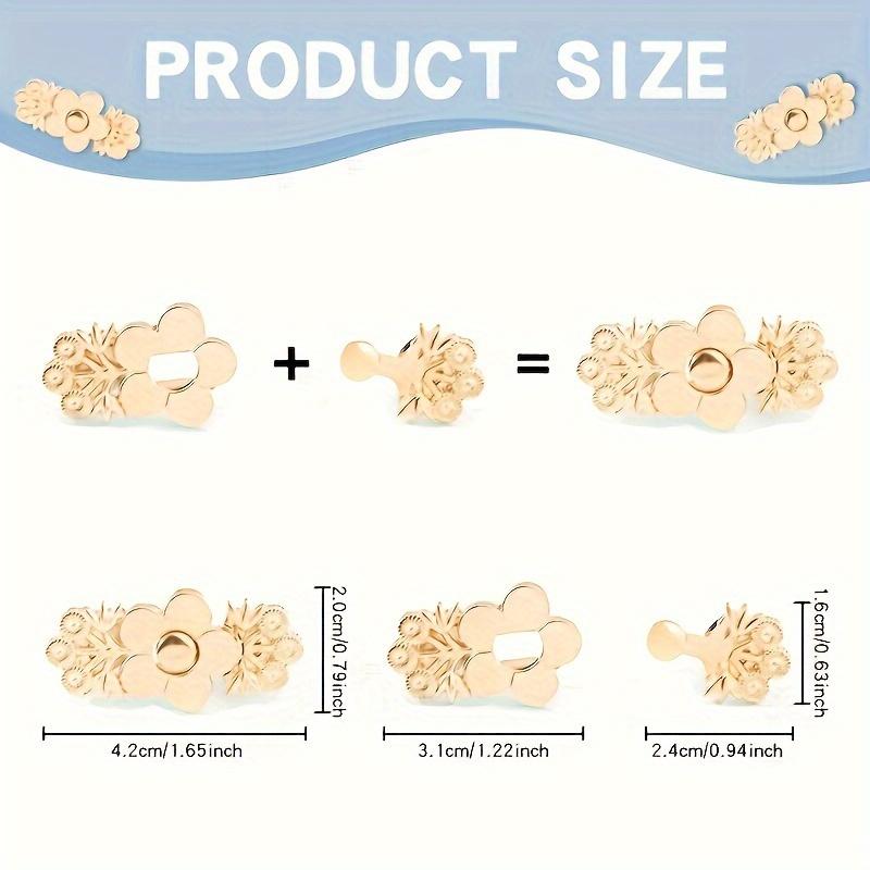 4-Pack Golden Floral Adjustable Waistband Tightener, Snap-On Jeans Button Pins, Metal Waist Reducer, No Sew Instant Fit Denim Flower Clasp
