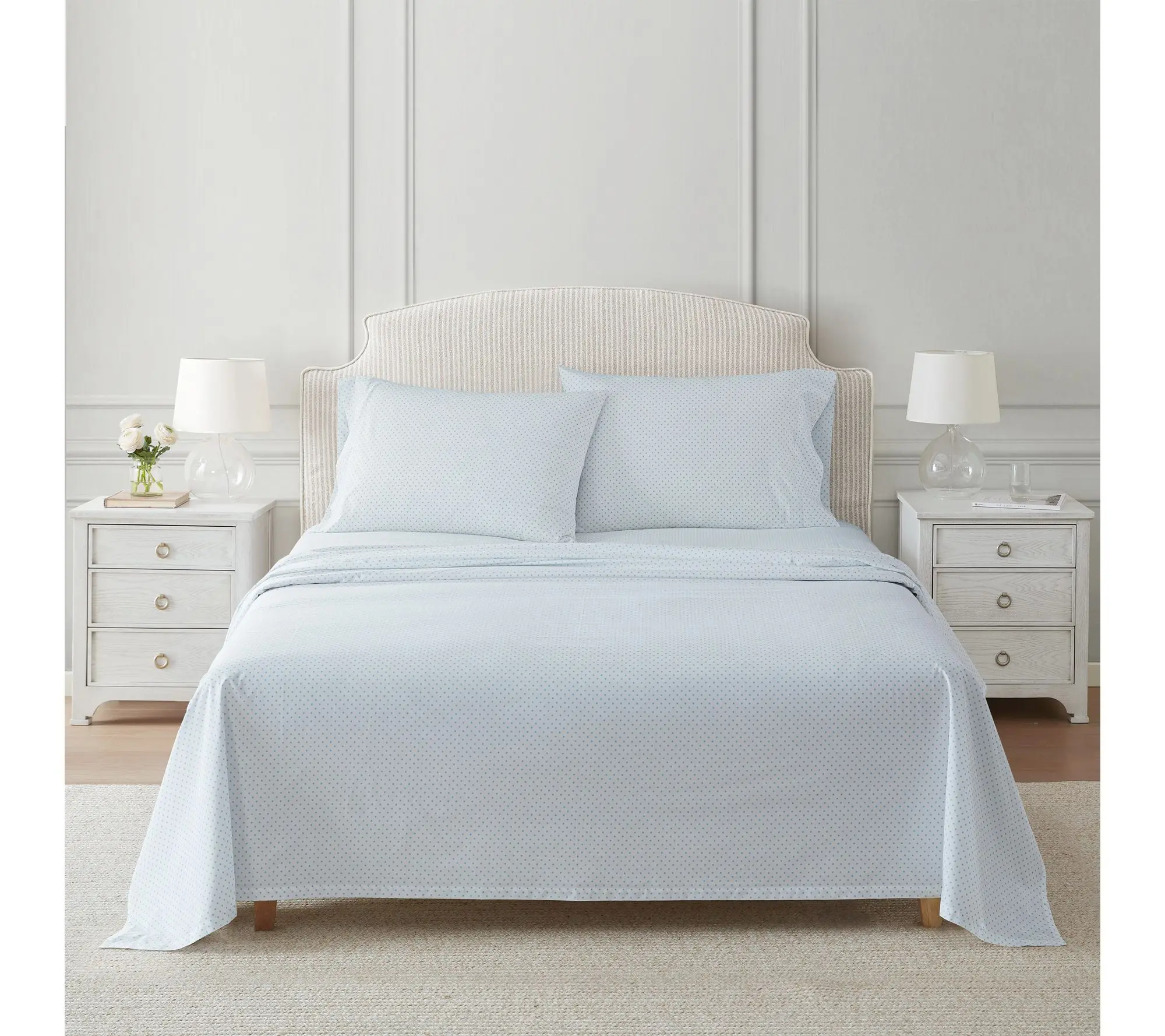 Martha Stewart Polka Dot White/Blue Cotton Queen Sheet Set
